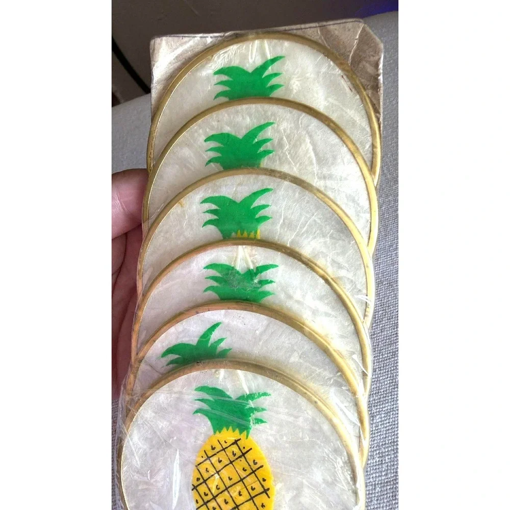 Hawaii Souvenir Coasters Set of 6 Multi NOS Vintage Pineapple Tiki Shell